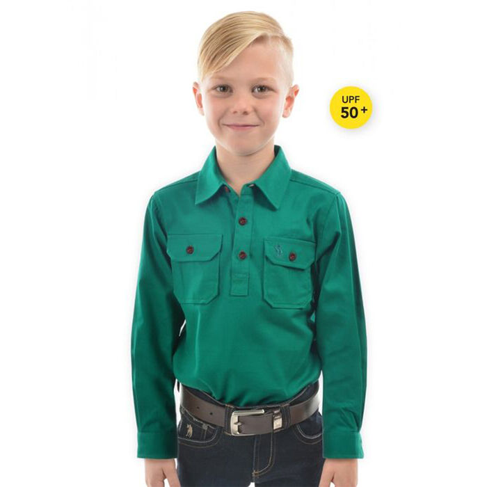 Bright Green Kids Unisex Heavy Cotton Drill Half Placket Long Sleeve Shirt