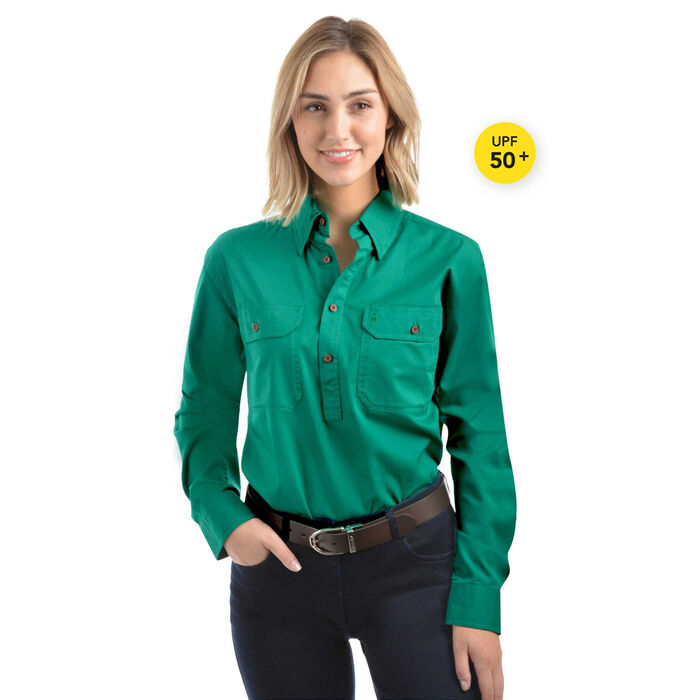 Bright Green Unisex Light Cotton Drill L/Sleeve Shirt Half Placket
