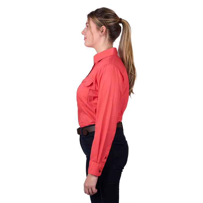 Calypso Coral Womens Light Cotton Drill L Sleeve Shirt Half Placket Contrast Trim