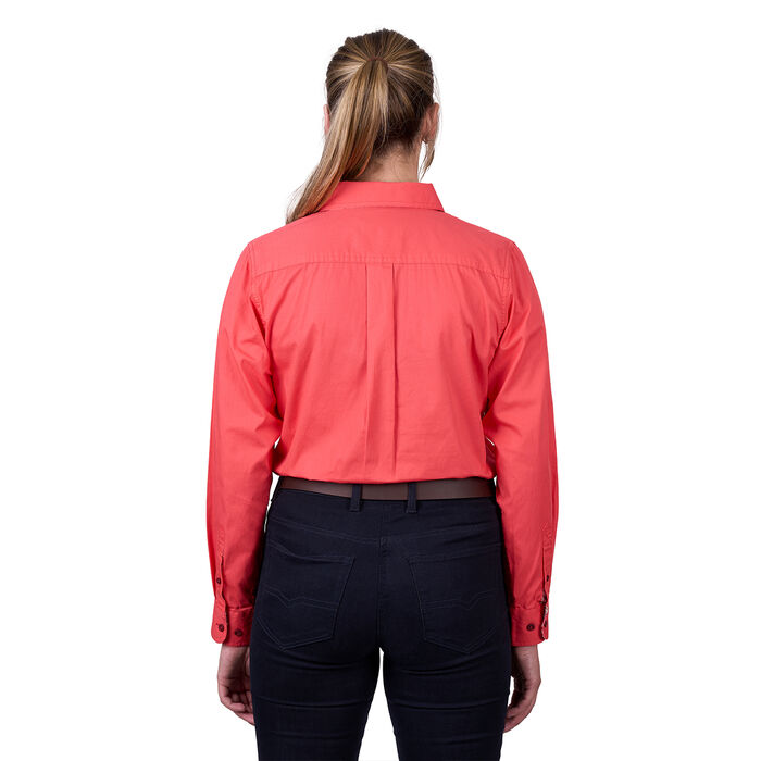 Calypso Coral Womens Light Cotton Drill L Sleeve Shirt Half Placket Contrast Trim