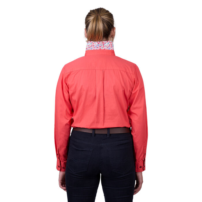 Calypso Coral Womens Light Cotton Drill L Sleeve Shirt Half Placket Contrast Trim