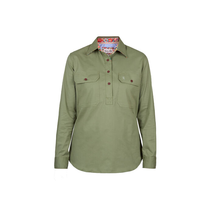 Olive Womens Stretch Cotton Drill L Sleeve Shirt Half Placket Contrast Trim