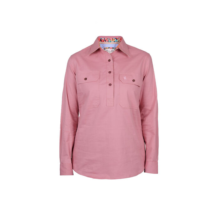 Pink Womens Stretch Cotton Drill L Sleeve Shirt Half Placket Contrast Trim