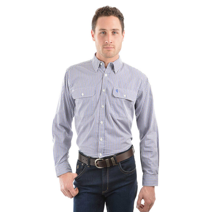 Royal Blue and Brown Mens Wentworth Check 2 Pocket L Sleeve Shirt