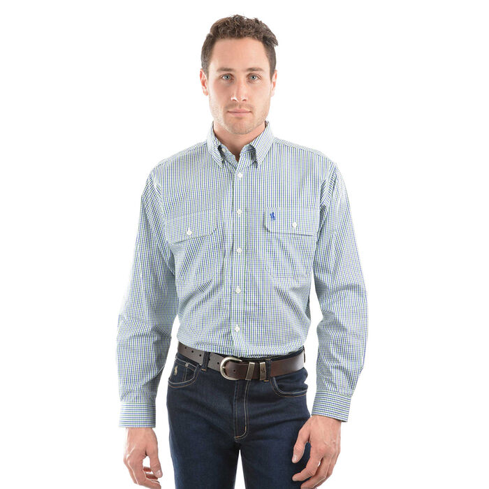 Royal Blue and Green Mens Wentworth Check 2 Pocket L Sleeve Shirt