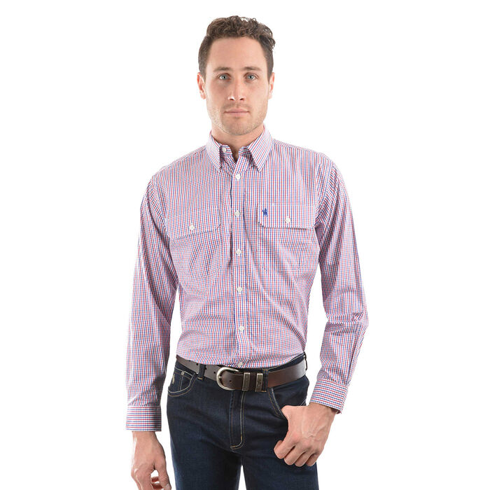 Royal Blue and Red Mens Wentworth Check 2 Pocket L Sleeve Shirt