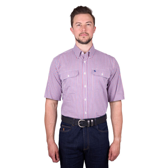 Royal Blue and Red Mens Wentworth Check 2 Pocket S Sleeve Shirt