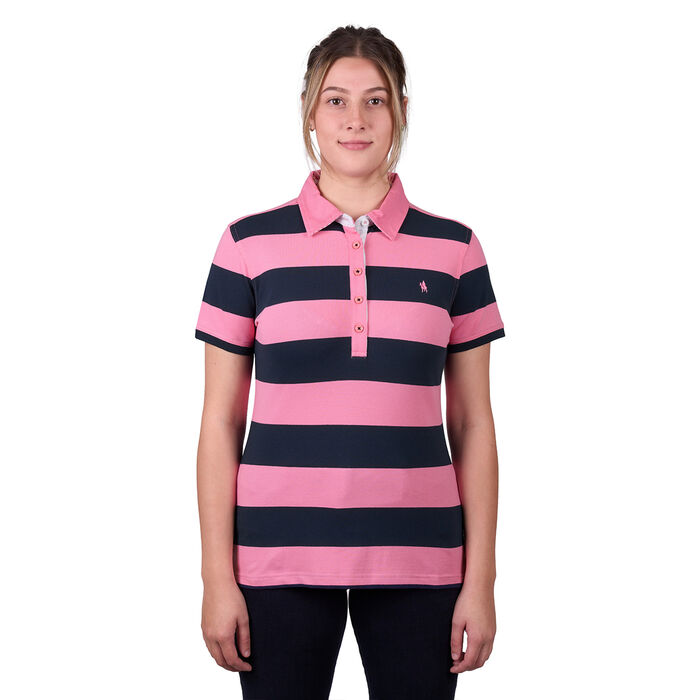 Soft Pink and Dark Navy Womens Rachel Stripe Short Sleeve Polo