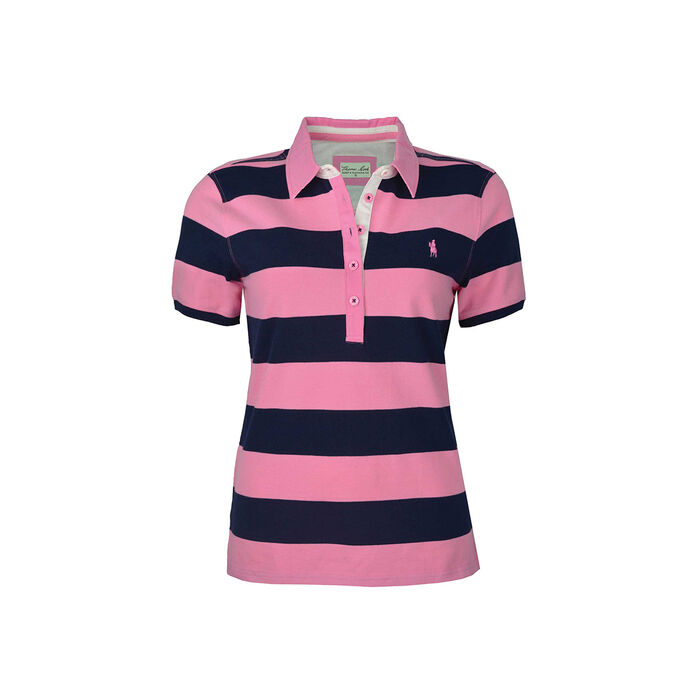 Soft Pink and Dark Navy Womens Rachel Stripe Short Sleeve Polo