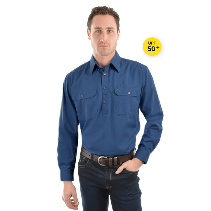 Steel Blue Heavy Drill L/Sleeve Shirt Half Placket - XXS-4XL