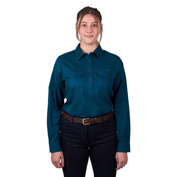 Teal Womens Light Cotton Drill L Sleeve Shirt Half Placket Contrast Trim