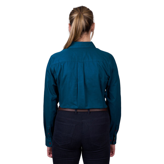 Teal Womens Light Cotton Drill L Sleeve Shirt Half Placket Contrast Trim