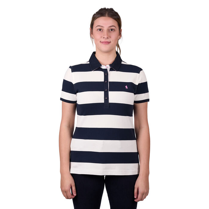 White and Dark Navy Womens Rachel Stripe Short Sleeve Polo