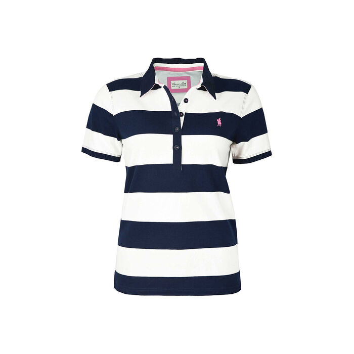 White and Dark Navy Womens Rachel Stripe Short Sleeve Polo