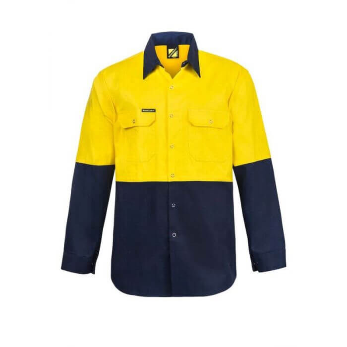 WORKCRAFT   MENS   HI VIS TWO TONE LONG SLEEVE COTTON DRILL SHIRT WITH PRESS STU