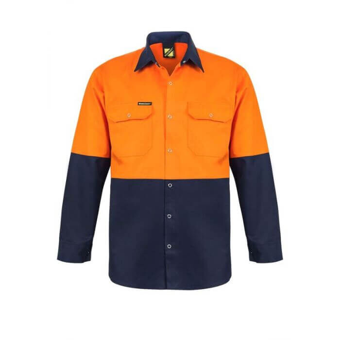 WORKCRAFT   MENS   HI VIS TWO TONE LONG SLEEVE COTTON DRILL SHIRT WITH PRESS STU