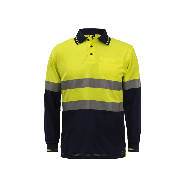 WORKCRAFT   MENS   HI VIS TWO TONE LONG SLEEVE MICROMESH POLO WITH POCKET AND CS