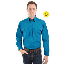 Aqua Shirt - Heavy Cotton Drill Half Placket 2-Pockets L/S Shirt
