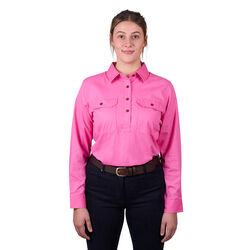 Azalea Pink Womens Light Cotton Drill L Sleeve Shirt Half Placket Contrast Trim