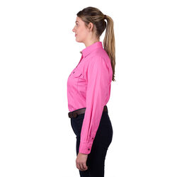 Azalea Pink Womens Light Cotton Drill L Sleeve Shirt Half Placket Contrast Trim