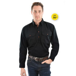 Black Shirt - Heavy Cotton Drill Half Placket 2-Pockets L/S Shirt