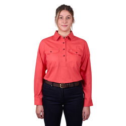 Calypso Coral Womens Light Cotton Drill L Sleeve Shirt Half Placket Contrast Trim