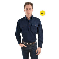 Navy Shirt - Heavy Cotton Drill Half Placket 2-Pockets L/S Shirt