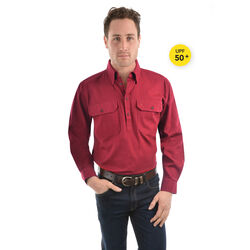 Red Shirt - Heavy Cotton Drill Half Placket 2-Pockets L/S Shirt