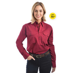 Red Unisex Light Cotton Drill L/Sleeve Shirt Half Placket