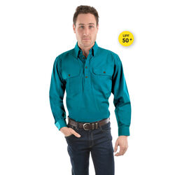 Teal Shirt - Heavy Cotton Drill Half Placket 2-Pockets L/S Shirt