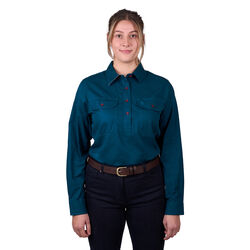 Teal Womens Light Cotton Drill L Sleeve Shirt Half Placket Contrast Trim