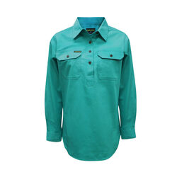 Turquoise Womens Half Placket Light Cotton Long Sleeve Shirt