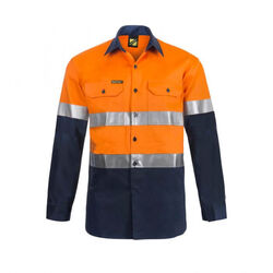 WORKCRAFT  LIGHTWEIGHT HI VIS TWO TONE LONG SLEEVE VENTED COTTON DRILL SHIRT WIT