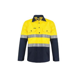 WORKCRAFT - MENS - HI VIS TWO TONE HALF PLACKET COTTON DRILL SHIRT WITH SEMI GUS