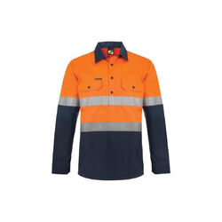 WORKCRAFT   MENS   HI VIS TWO TONE HALF PLACKET COTTON DRILL SHIRT WITH SEMI GUS