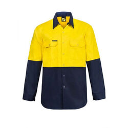 WORKCRAFT - MENS - HI VIS TWO TONE LONG SLEEVE COTTON DRILL SHIRT WITH PRESS STU