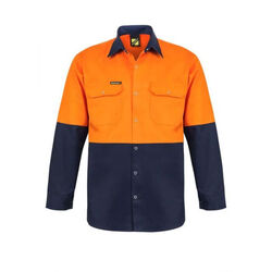 WORKCRAFT   MENS   HI VIS TWO TONE LONG SLEEVE COTTON DRILL SHIRT WITH PRESS STU