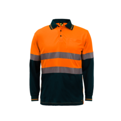 WORKCRAFT - MENS - HI VIS TWO TONE LONG SLEEVE MICROMESH POLO WITH POCKET AND CS