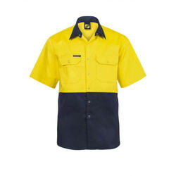 WORKCRAFT   MENS   HI VIS TWO TONE SHORT SLEEVE COTTON DRILL SHIRT WITH PRESS ST