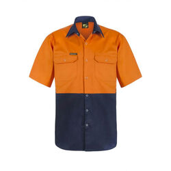 WORKCRAFT   MENS   HI VIS TWO TONE SHORT SLEEVE COTTON DRILL SHIRT WITH PRESS ST